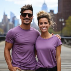 Wall Mural - Illustration of a couple fashion portrait with plain t-shirt mockup, AI Generated