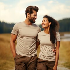 Wall Mural - Illustration of a couple fashion portrait with plain t-shirt mockup, AI Generated