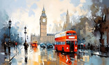 Fototapeta Londyn - Beautiful oil painting on canvas, street view of London. Big Ben and Houses of Parliament City, Generative AI.
