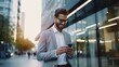 © Pro Hi-Res - Happy smiling businessman wearing gray suit and using modern smartphone near office at early morning.