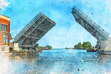 Digitally Created Watercolor Painting Of The Alpena Drawbridge Raised To Allow Traffic Through On The Thunder Bay River
