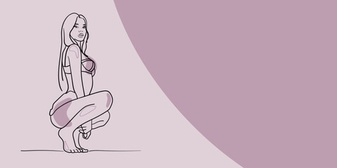 Wall Mural - Girl in underwear with shape on a pink background. Sex shop design. Female sexuality. Vector illustration in line art style