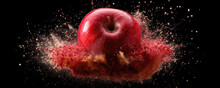 Illustration Of Red Apple And Powder On A Black Background. Generative Ai
