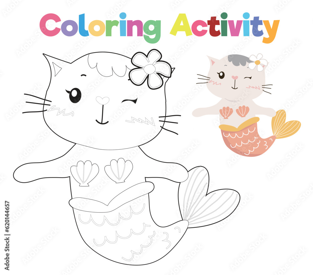 Simple colouring page with summer theme. Cute and kawaii cat mermaid ...