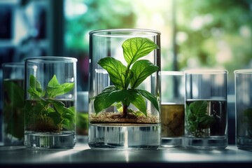 Many green plants in test tubes. Generative AI