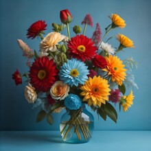 A Bouquet Of Flowers In A Vase With A Blue Background.