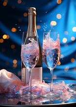 A Champagne Bottle With Champagne Flutes And Bubbles Splashing On A Colored Background, In The Style Of Vaporwave