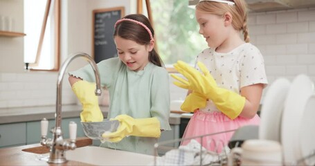 Poster - Children, learning and cleaning dishes in kitchen with sister, girl or helping to wash, dry and clean house with soap. Kids, development and washing in home or housework with cloth and rubber gloves