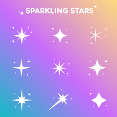 Wall Mural - White sparkling stars vector icon set in flat style on the gradient background