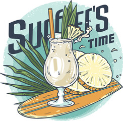 Wall Mural - Pina Colada cocktail on the surf with slice of pineapple for summer party. Surfer alcochol exotic pina cocktail with rum and leaf pineapple for beash bar and restaurant menu