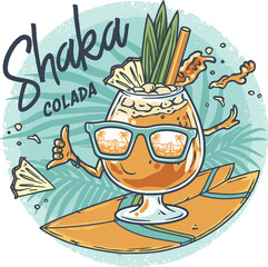 Wall Mural - Pina Colada cocktail on the surf with slice of pineapple for summer party. Surfer alcochol exotic pina cocktail with shaka, rum and leaf pineapple for beash bar and restaurant menu