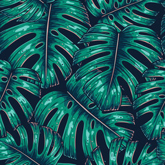 Wall Mural - Seamless pattern of leaves monstera. Tropical leaves of palm tree. Vector background.