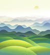 Hilly landscape with a panorama of mountain ranges in the fog. Raster illustration.
