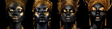The Art Of Beautifying The Body. 4 African American Beauties With Graphic Gold Pattern On Face And Body.set. Body Painting With Ethnic Motifs And Ornament.Banner Or Poster,Generative AI
