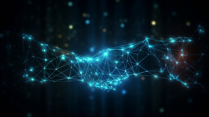 Abstract image of Business handshake in glowing blue. Low polygon, particle, and triangle style design.Wireframe light connection structure or points, lines, and shapes in the form of , Generative Ai