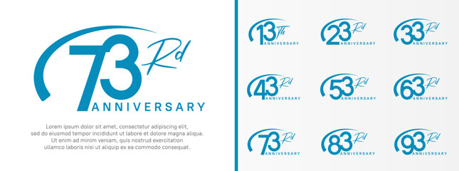 set of anniversary logo blue color number and swoosh on white background for celebration