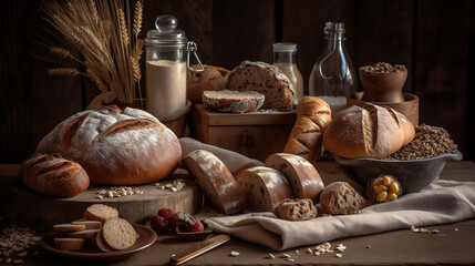 Different kinds of bread with nutrition whole grains on wooden background. Food and bakery in kitchen concept. Delicious breakfast gouemet and meal, Generative Ai