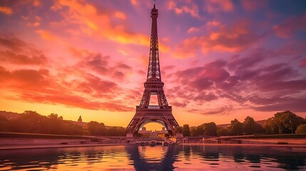 The majestic Eiffel Tower in Paris during evening time Created with Generative Ai technology.