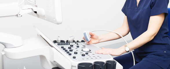 Wall Mural - Female doctor sitting in office in a hospital doing ultrasound scanning diagnostic