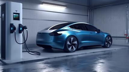 High-speed charging station for electric vehicles at home garage with blue energy battery charger. Fuel power and transportation industry concept. 3D illustration rendering, Generative Ai