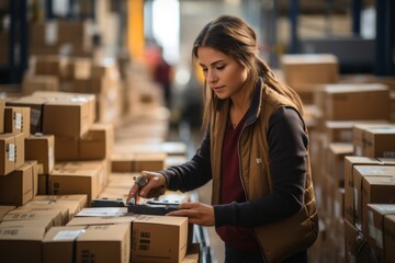 Employees work to sort cardboard boxes before shipping. At warehouse. Woman working in factory warehouse scanning labels on boxes with bar code scanner.