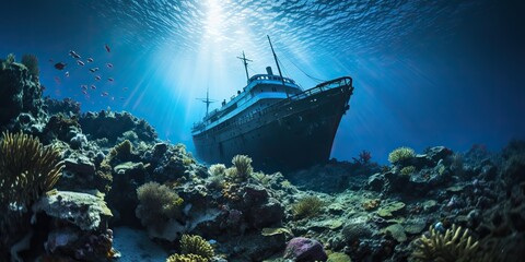 AI Generated. AI Generative. Under water sea ocean scuba difing adventures. Underwater explore trip old histiry ship. Nautical marine deep bluew vibe.Graphic Art