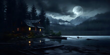 Dark Home And Gloomy Cabin On A Lake With A Night Moonlight Dynamic Landscape