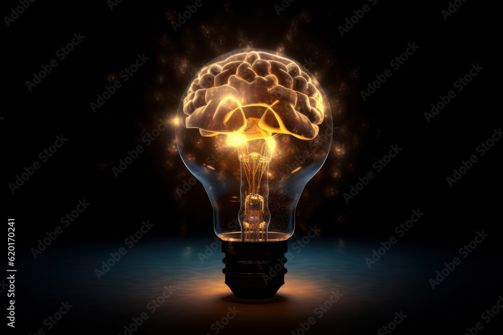 Innovative concept of a glowing brain inside a light bulb, symbolizing ...