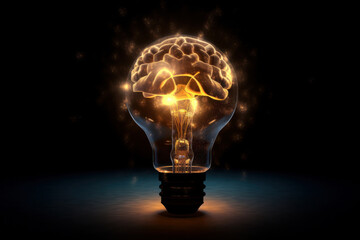 Innovative concept of a glowing brain inside a light bulb, symbolizing creativity and intelligence, perfect for tech and science projects. This image is AI Generative.