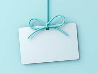 Aufkleber - Blank gift card or hanging white note with blue cyan rope bow isolated on blue pastel color wall background with shadow minimal conceptual 3D rendering