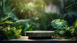 Podium pedestal in tropical forest garden green plant. Nature and Organic cosmetic and food presentation theme. Natural product present placement display, spring summer concept. Generative AI