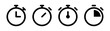 Stopwatch icons set. Timer symbol. Outline stopwatch icon. Alarm pictogram. Transparent stopwatch in line. Timer icon in vector