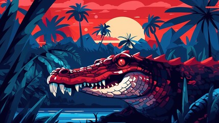 Wall Mural - a crocodile slithering in the forest at dusk, with the sun setting in the distance.