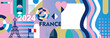 paris themed banner design. Abstract celebration geometric decoration, pink, white, dark blue, turquoise, perfect for France national day flag