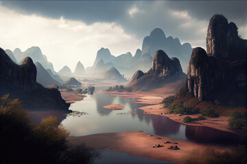 Wall Mural - China landscape with mountains and lake. Generative AI Art. Beautiful view.