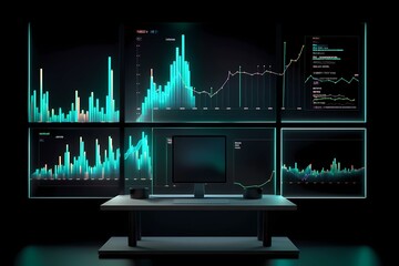 Computer screens showing data and graphs in a night scene at control room or high end office. Graphs and indicators on dark walls as technology futuristic business management concept. Generative AI