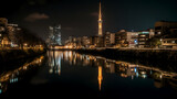 Fototapeta Nowy Jork - Capture the enchanting reflection of city lights shimmering on the calm waters of the nearby river, where the urban skyline meets the serenity of nature, creating a mesmerizing spectacle that delights