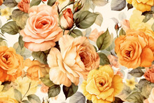 Orange And Yellow Rose Flowers In Watercolor Style On A White Background.