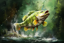 Digital Watercolor Art Painting, Fish Jumped Out And Trees