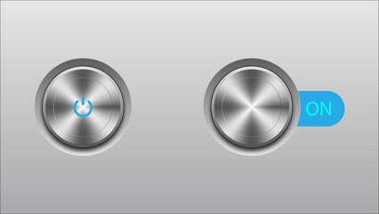 3d Button with Skeuomorphism Style. Round buttons with metal frame. Shiny black and white 3d button icons. 3D vector buttons on grey background with light shadows. 3d realistic button illustration.
