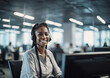 © IBEX.Media - Customer service representative with curly hair talking through headset, Generative AI Illustration