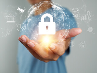 Wall Mural - internet security technology, personal information businessman showing global internet connection se