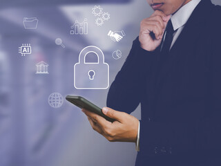 Wall Mural - internet security technology security of personal information businessman using smartphone to connec