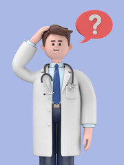 Wall Mural - 3D illustration of Male Doctor Lincoln scratching her head and looking at question mark in speech bubble. Cartoon pensive businesswoman scraping hair, feeling doubt or hesitating.
