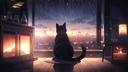 a black cat sitting on the window looking at the rain in the city at night, in the style of anime ar