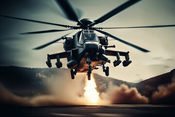 WAR SERIES, Combat Attack Helicopter Taking off Under Fire, created with Generative AI technology