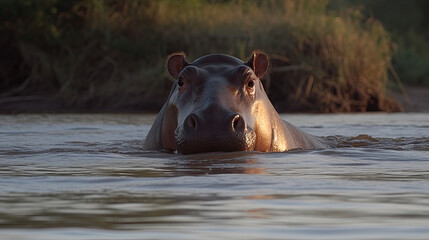 Wall Mural - a hippopotamus swims in a river in africa. Generative AI