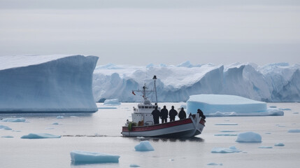 Wall Mural - tourists swim with a boat between huge ice glaciers. Generative AI