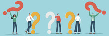 A Set Of Illustrations Of Random People Holding Question Marks. Concept Questions And Answers, FAQ, Frequently Asked Questions, Analysis Of The Consumer Market And Competitors.