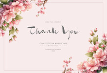Cherry Blossom Thank You Card Design Template. Watercolor Cherry Blossom Invitation.